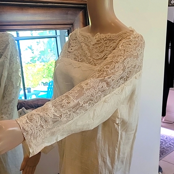 Vintage Peggy Jennings Cache Womens Linen Crew Neck Lace Dress - Picture 9 of 11